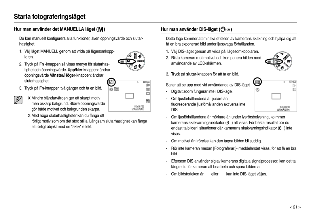 Samsung EC-M100ZSDB/E3, EC-M100ZSBB/E2 manual Hur man använder det Manuella läget, Hur man använder DIS-läget 