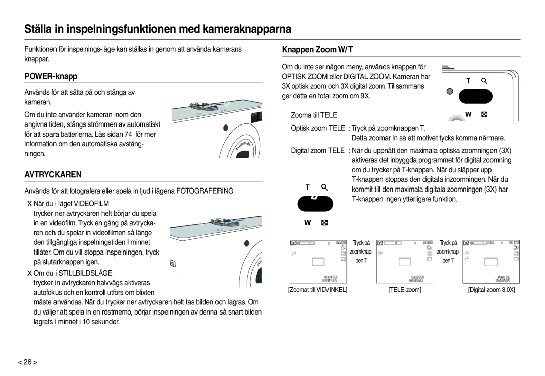 Samsung EC-M100ZSBB/E2, EC-M100ZSDB/E3 Ställa in inspelningsfunktionen med kameraknapparna, POWER-knapp, Knappen Zoom W/ T 