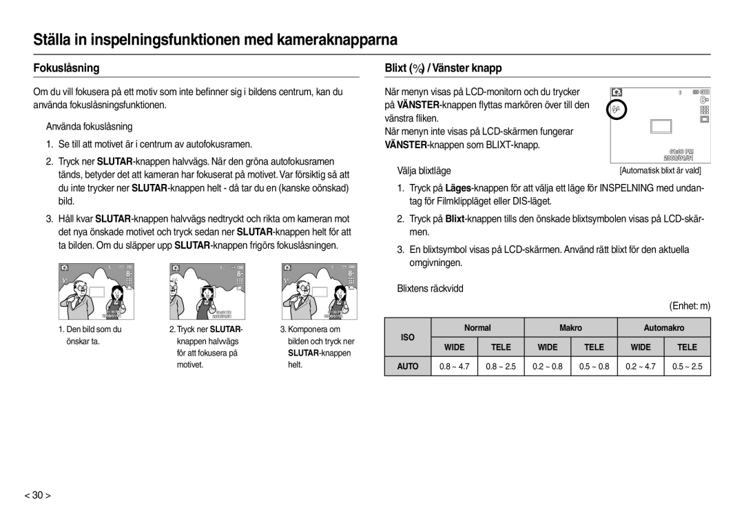 Samsung EC-M100ZSBB/E2 manual Fokuslåsning, Blixt  / Vänster knapp, „ Välja blixtläge, Enhet m, Normal Makro Automakro 