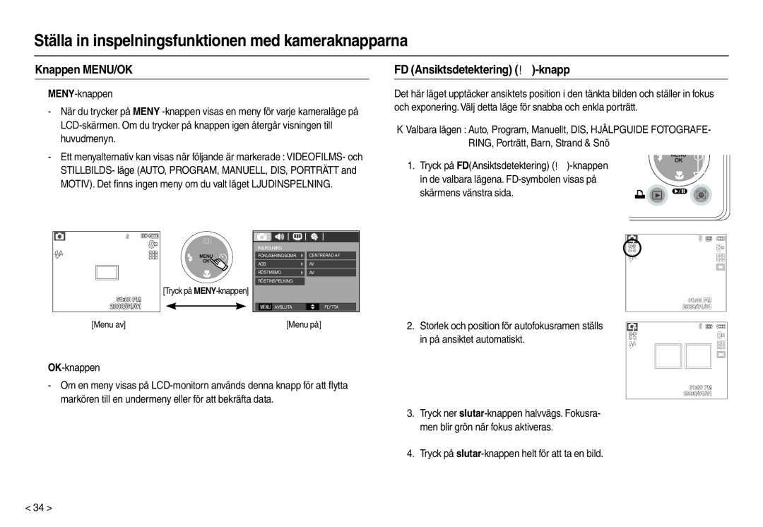 Samsung EC-M100ZSBB/E2, EC-M100ZSDB/E3 manual Knappen MENU/OK, FD Ansiktsdetektering -knapp, „ OK-knappen 