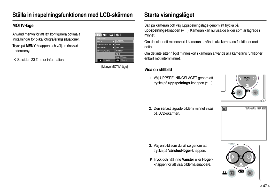 Samsung EC-M100ZSDB/E3, EC-M100ZSBB/E2 manual Starta visningsläget, MOTIV-läge, Visa en stillbild 