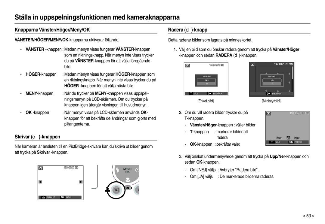 Samsung EC-M100ZSDB/E3, EC-M100ZSBB/E2 manual Knapparna Vänster/Höger/Meny/OK, Radera -knapp, Skrivar -knappen 