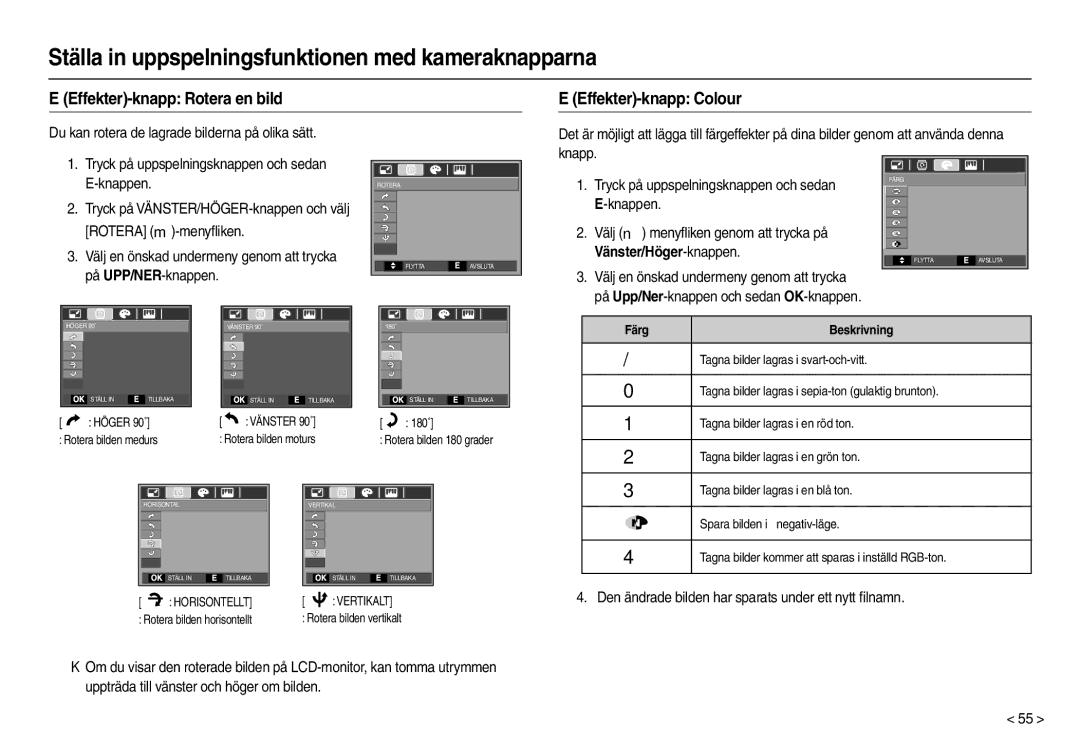 Samsung EC-M100ZSDB/E3, EC-M100ZSBB/E2 manual Effekter-knapp Rotera en bild, Effekter-knapp Colour, Rotera -menyﬂiken 