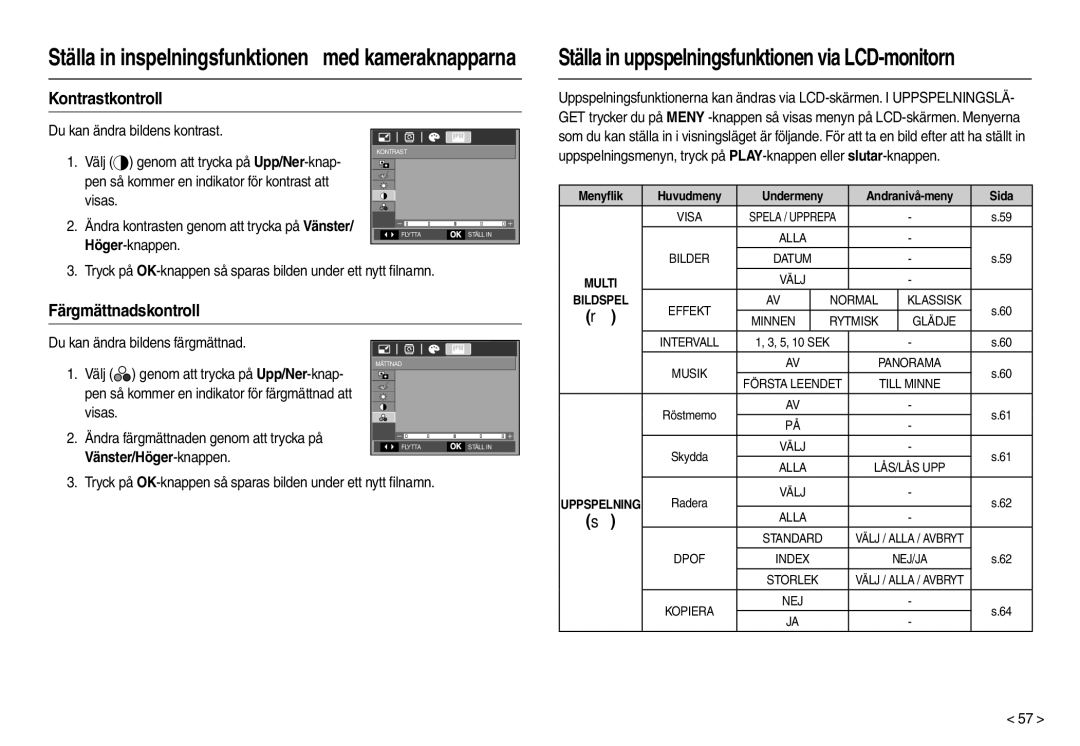 Samsung EC-M100ZSDB/E3, EC-M100ZSBB/E2 manual Kontrastkontroll, Färgmättnadskontroll, Menyﬂik 