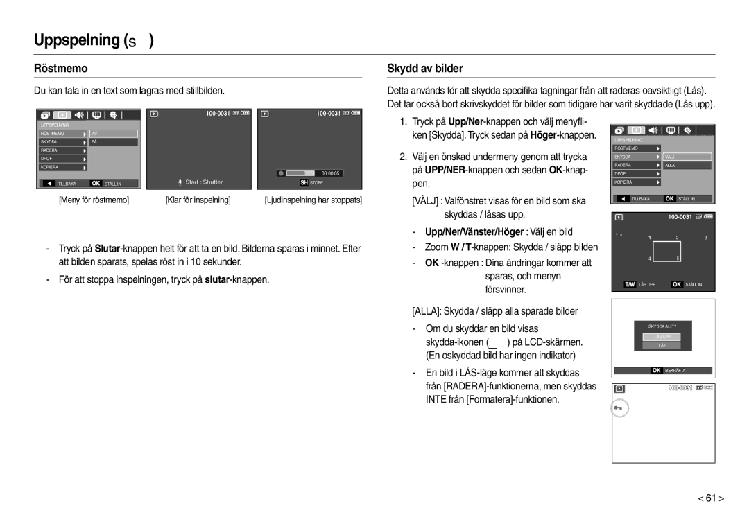 Samsung EC-M100ZSDB/E3, EC-M100ZSBB/E2 manual Uppspelning , Skydd av bilder 