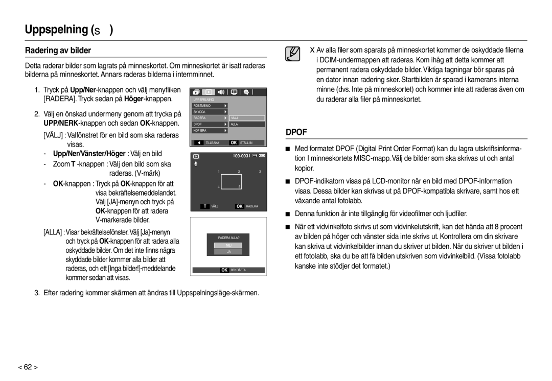 Samsung EC-M100ZSBB/E2, EC-M100ZSDB/E3 manual Radering av bilder, Visas, Raderas. V-märk, Markerade bilder 