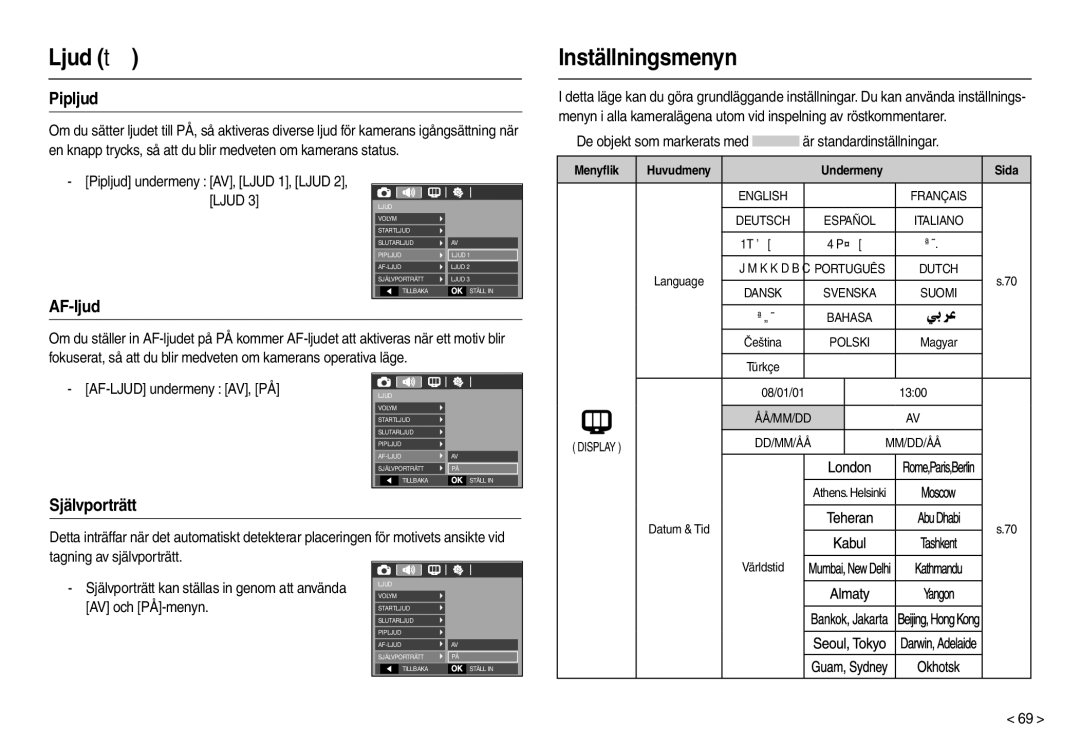 Samsung EC-M100ZSDB/E3, EC-M100ZSBB/E2 manual Inställningsmenyn, Pipljud, AF-ljud, Självporträtt, AV och PÅ-menyn 