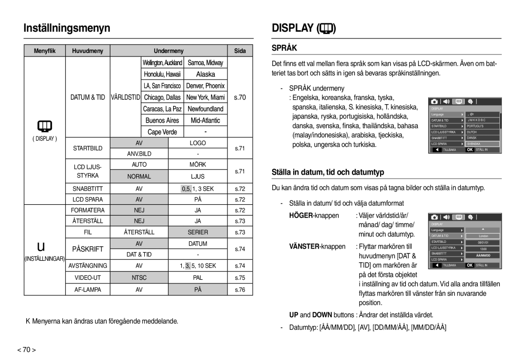 Samsung EC-M100ZSBB/E2 manual Språk undermeny, Ställa in datum/ tid och välja datumformat HÖGER-knappen, VÄNSTER-knappen 