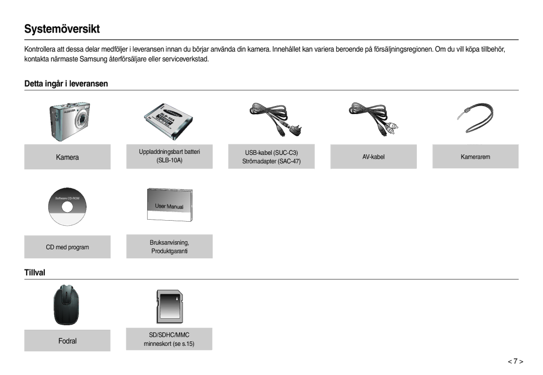 Samsung EC-M100ZSDB/E3, EC-M100ZSBB/E2 manual Systemöversikt, Detta ingår i leveransen, Tillval, Kamera, Fodral 