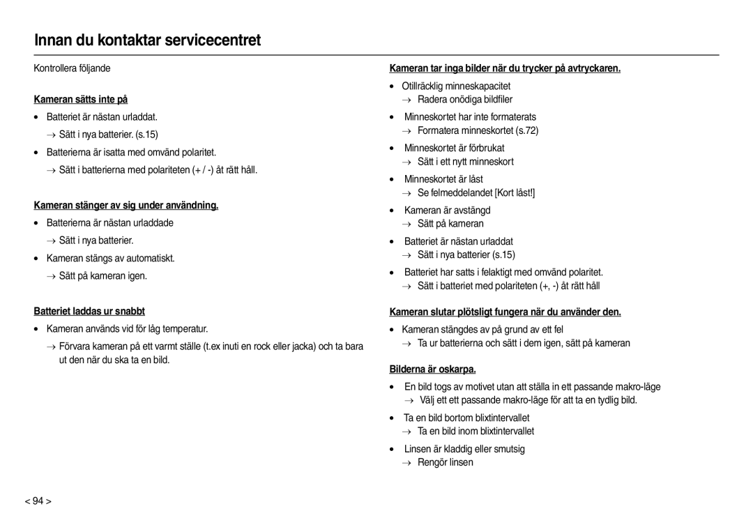 Samsung EC-M100ZSBB/E2, EC-M100ZSDB/E3 manual Innan du kontaktar servicecentret, Kontrollera följande 