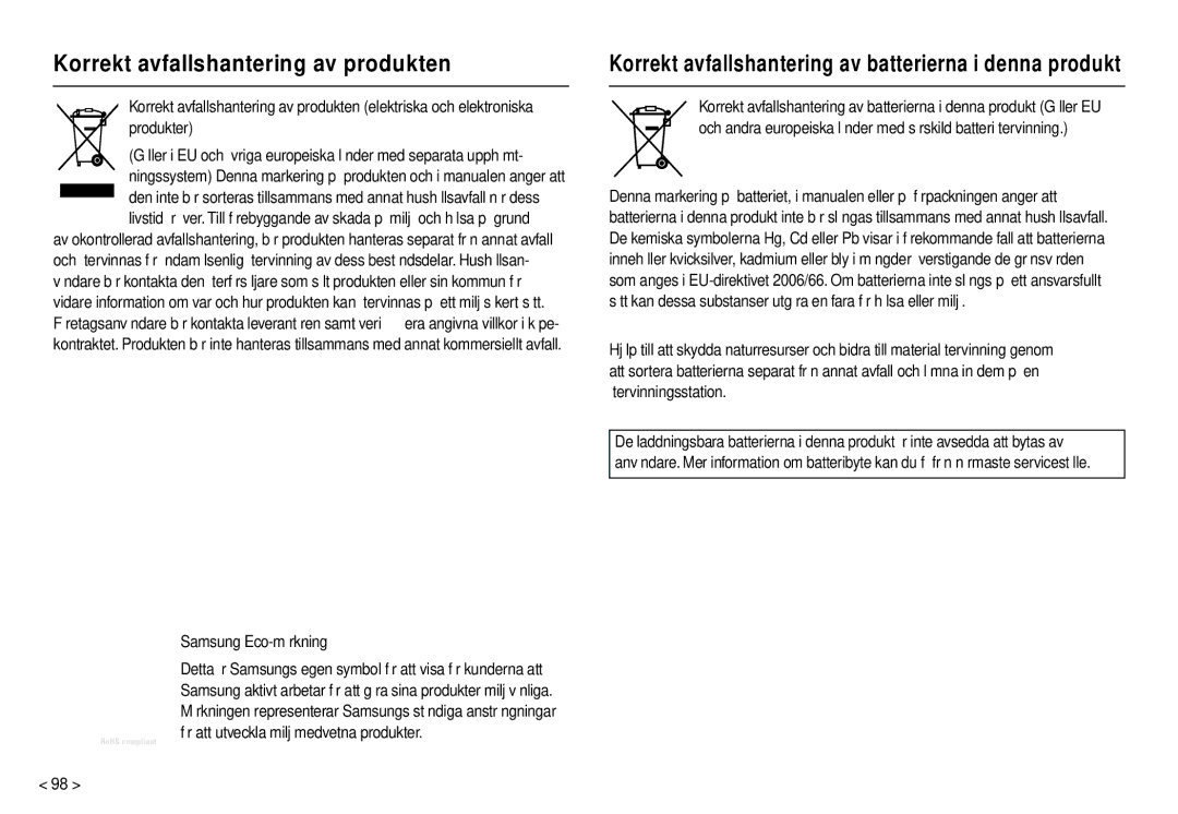 Samsung EC-M100ZSBB/E2, EC-M100ZSDB/E3 manual Korrekt avfallshantering av produkten 