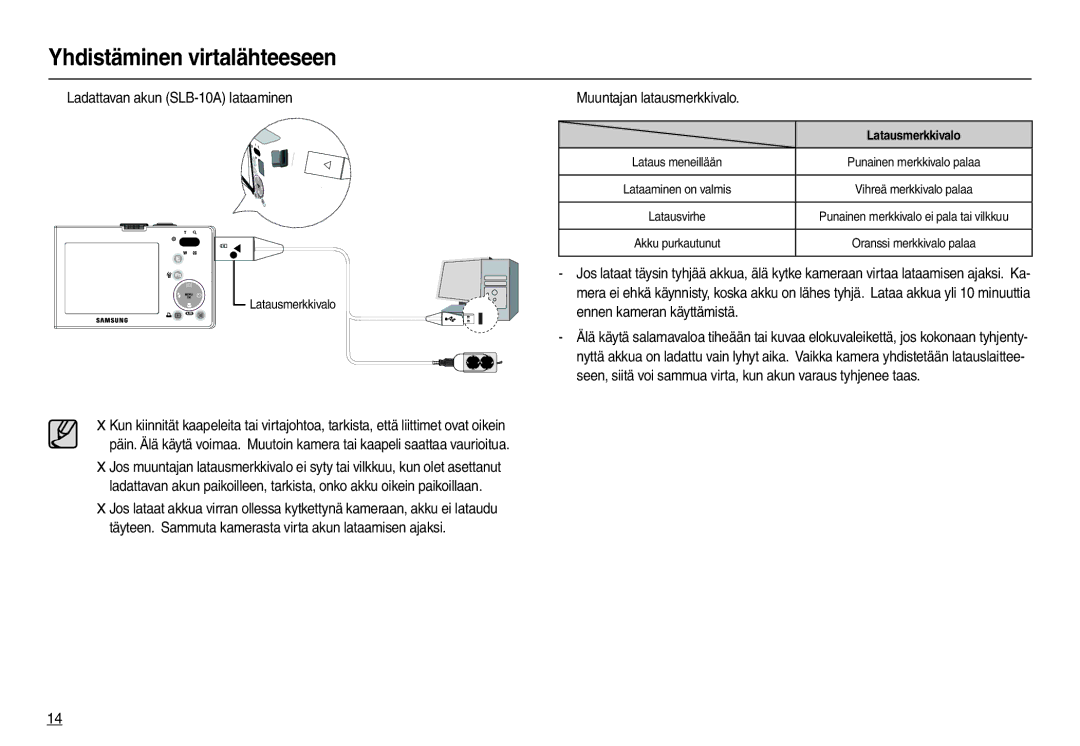 Samsung EC-M100ZSBB/E2 manual „ Ladattavan akun SLB-10A lataaminen, „ Muuntajan latausmerkkivalo, Latausmerkkivalo 