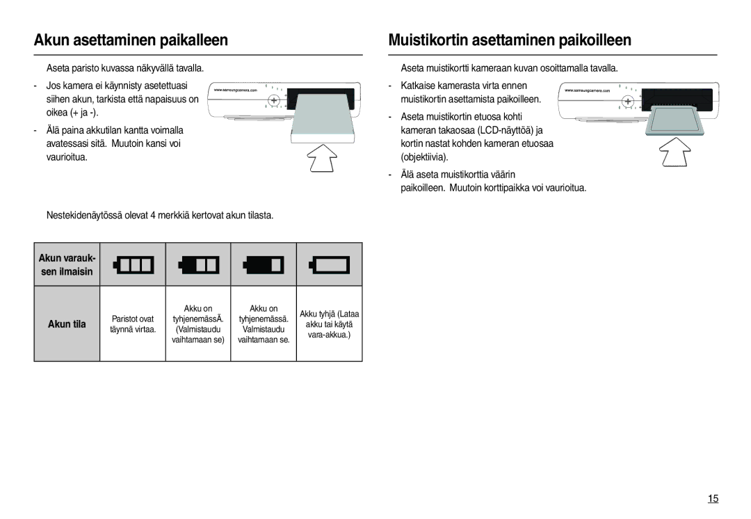 Samsung EC-M100ZSDB/E3 manual Akun asettaminen paikalleen, Muistikortin asettaminen paikoilleen, Akun varauk Sen ilmaisin 