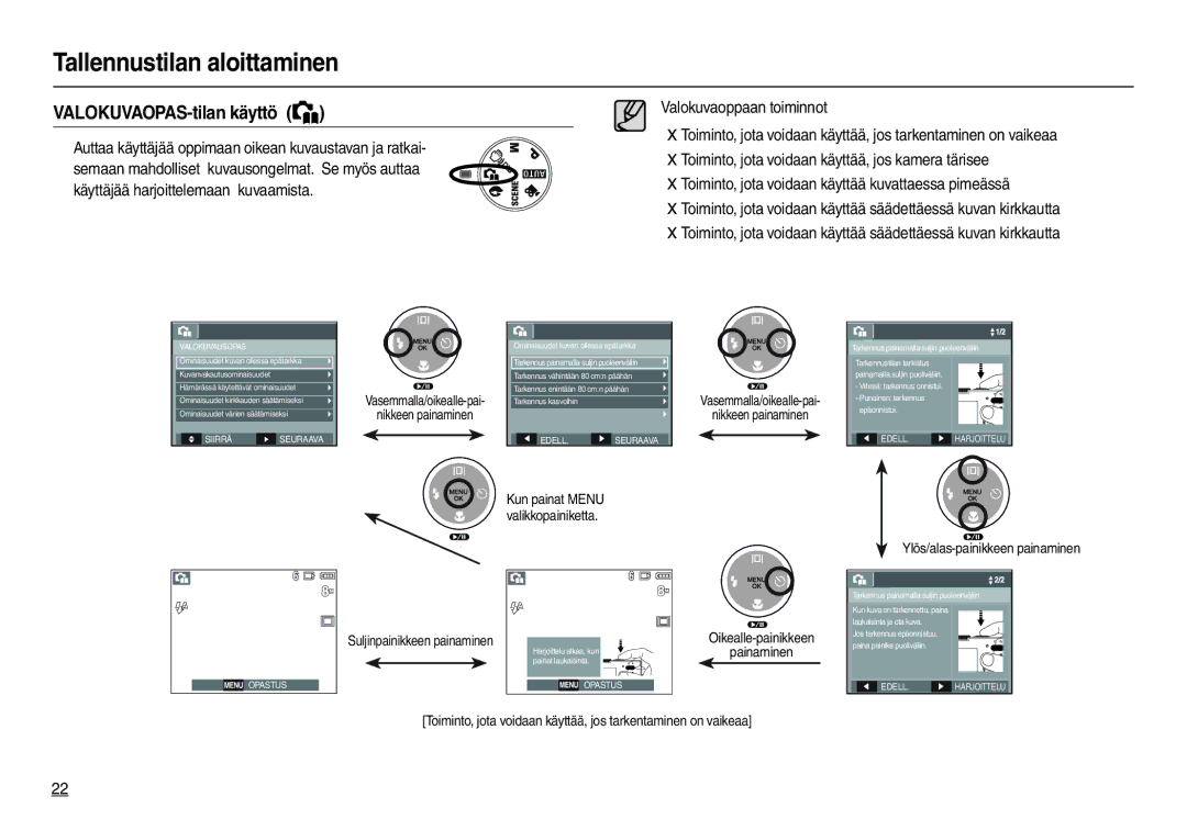 Samsung EC-M100ZSBB/E2, EC-M100ZSDB/E3 manual VALOKUVAOPAS-tilan käyttö, Valokuvausopas 