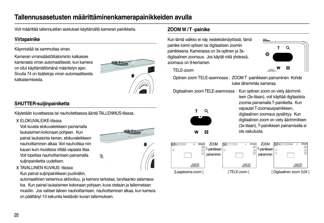 Samsung EC-M100ZSBB/E2 Tallennusasetusten määrittäminenkamerapainikkeiden avulla, Virtapainike, SHUTTER-suljinpainiketta 