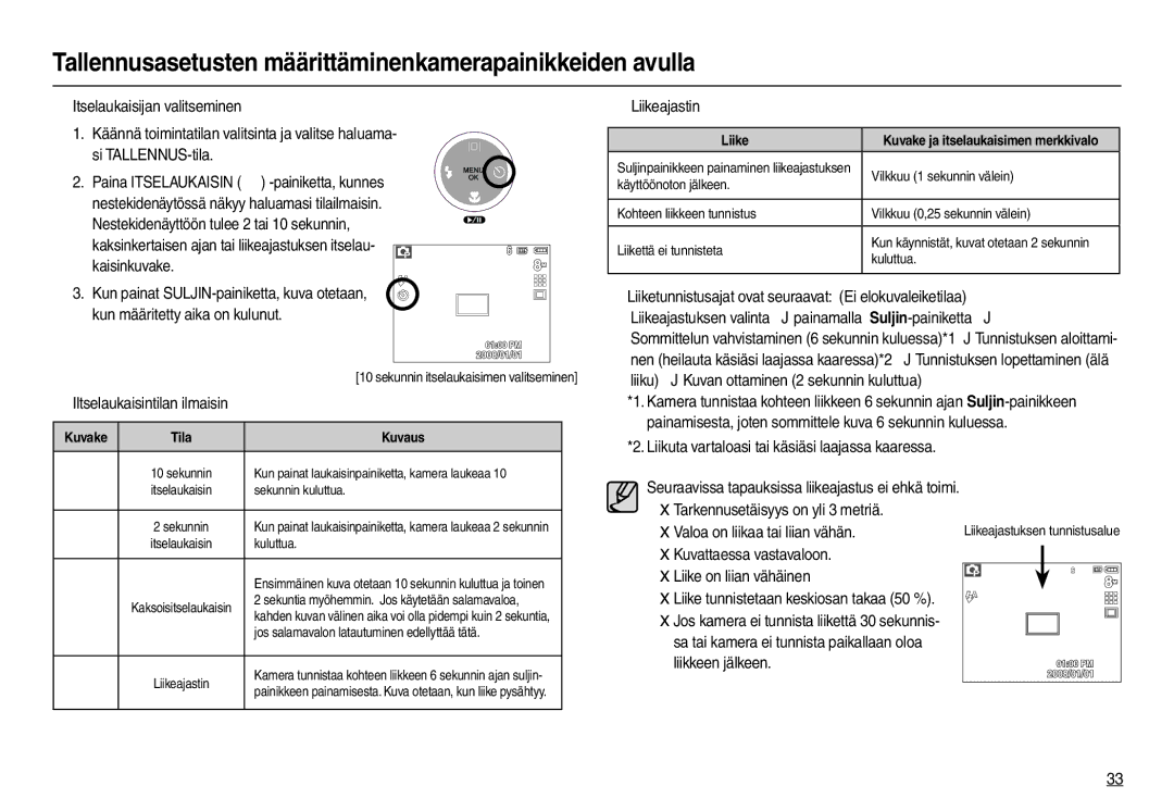 Samsung EC-M100ZSDB/E3 manual „ Liikeajastin, Liiku J Kuvan ottaminen 2 sekunnin kuluttua, Valoa on liikaa tai liian vähän 