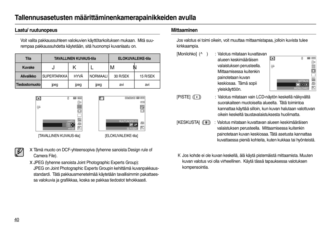 Samsung EC-M100ZSBB/E2, EC-M100ZSDB/E3 manual Laatu/ ruutunopeus, Mittaaminen, Tila Tavallinen KUVAUS-tila ELOKUVALEIKE-tila 