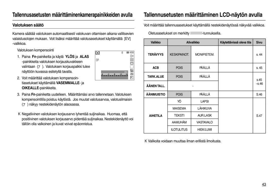 Samsung EC-M100ZSDB/E3 manual Valotuksen säätö, „ Oletusasetukset on merkitty -tunnuksella, „ Valotuksen kompensointi 