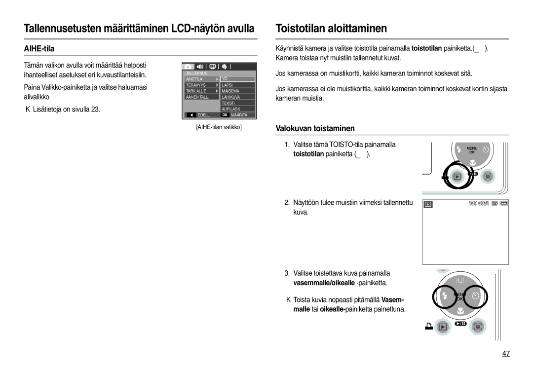 Samsung EC-M100ZSDB/E3, EC-M100ZSBB/E2 manual Toistotilan aloittaminen, AIHE-tila, Valokuvan toistaminen 