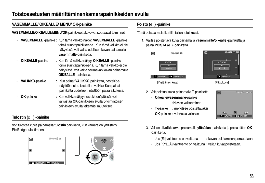 Samsung EC-M100ZSDB/E3 VASEMMALLE/ OIKEALLE/ MENU/ OK-painike, Poisto  -painike, Tulostin  -painike, OIKEALLE-painike 