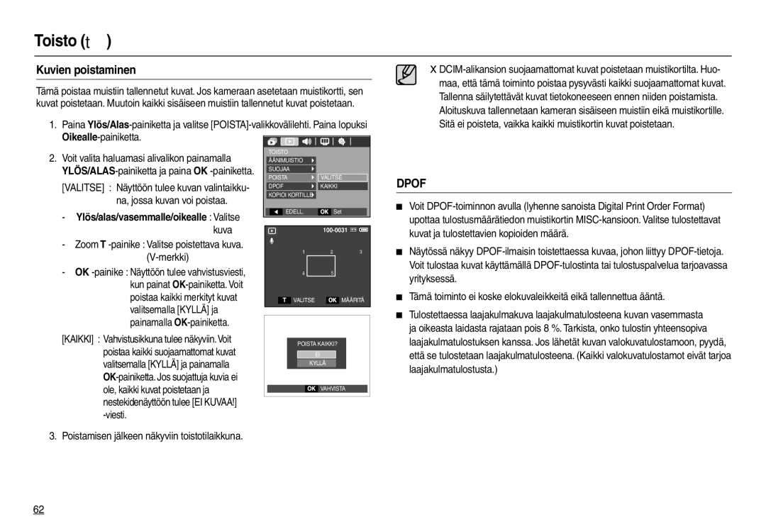 Samsung EC-M100ZSBB/E2, EC-M100ZSDB/E3 manual Kuvien poistaminen, Ylös/alas/vasemmalle/oikealle Valitse 