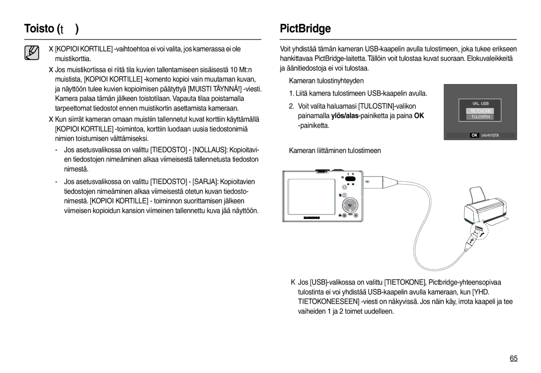 Samsung EC-M100ZSDB/E3 manual PictBridge, Nimien toistumisen välttämiseksi, Nimestä, „ Kameran liittäminen tulostimeen 