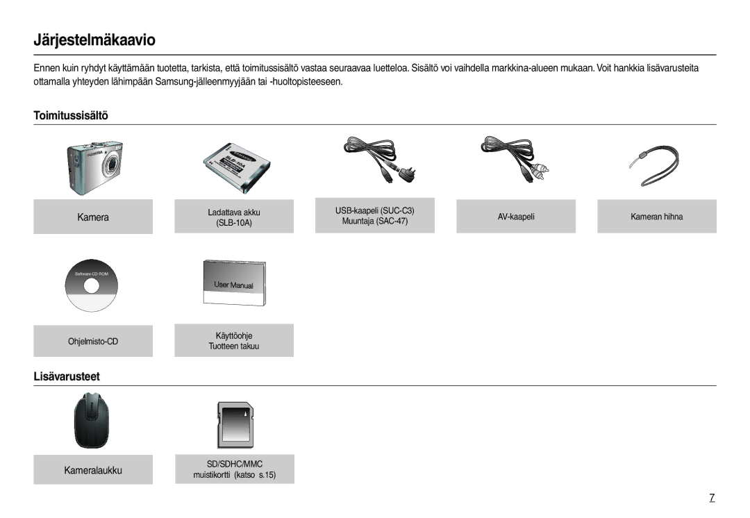 Samsung EC-M100ZSDB/E3, EC-M100ZSBB/E2 manual Järjestelmäkaavio, Toimitussisältö, Lisävarusteet, Kameralaukku 