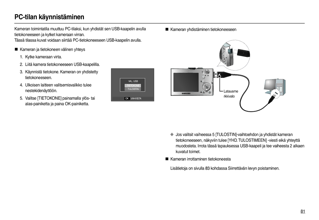 Samsung EC-M100ZSDB/E3, EC-M100ZSBB/E2 manual PC-tilan käynnistäminen 