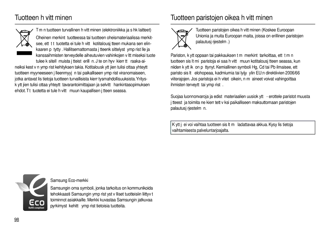 Samsung EC-M100ZSBB/E2, EC-M100ZSDB/E3 manual Tuotteen hävittäminen 