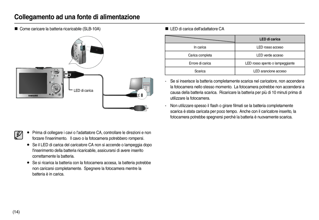 Samsung EC-M100ZSFB/IT, EC-M100ZSDB/E3, EC-M100ZSBF/E1 manual „ Come caricare la batteria ricaricabile SLB-10A, LED di carica 