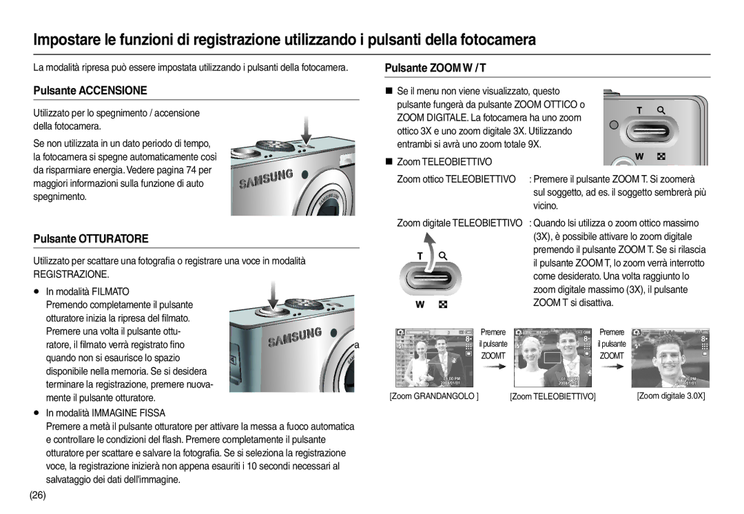 Samsung EC-M100ZSFB/IT, EC-M100ZSDB/E3, EC-M100ZSBF/E1 manual Pulsante Accensione, Pulsante Otturatore, Pulsante Zoom W / T 