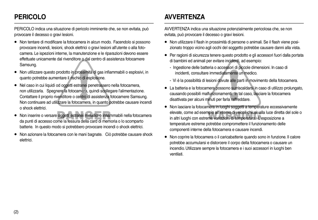 Samsung EC-M100ZSFB/IT, EC-M100ZSDB/E3, EC-M100ZSBF/E1, EC-M100ZBFB/IT, EC-M100ZSBE/E1, EC-M100ZSBB/IT manual Pericolo 