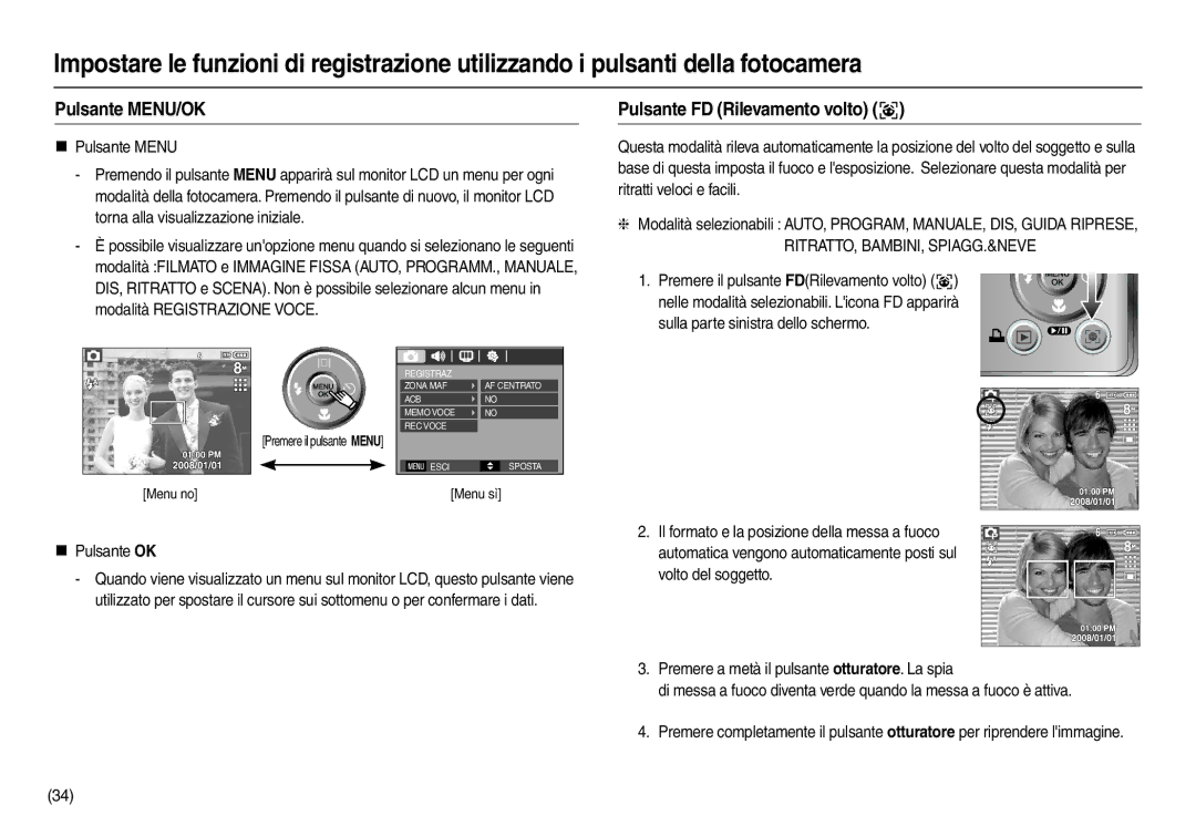 Samsung EC-M100ZSBB/IT manual Pulsante MENU/OK, Pulsante FD Rilevamento volto , „ Pulsante Menu, „ Pulsante OK, Menu sì 