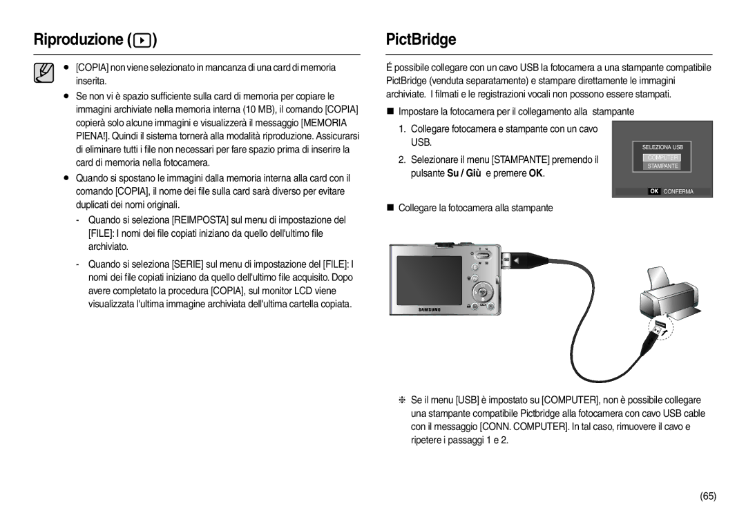 Samsung EC-M100ZSDB/E3 manual PictBridge, Pulsante Su / Giù e premere OK, Selezionare il menu Stampante premendo il 