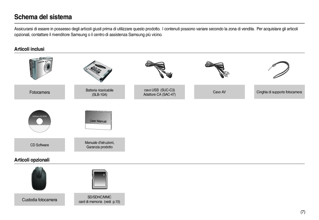 Samsung EC-M100ZBFB/IT manual Schema del sistema, Articoli inclusi, Articoli opzionali, Fotocamera, Custodia fotocamera 