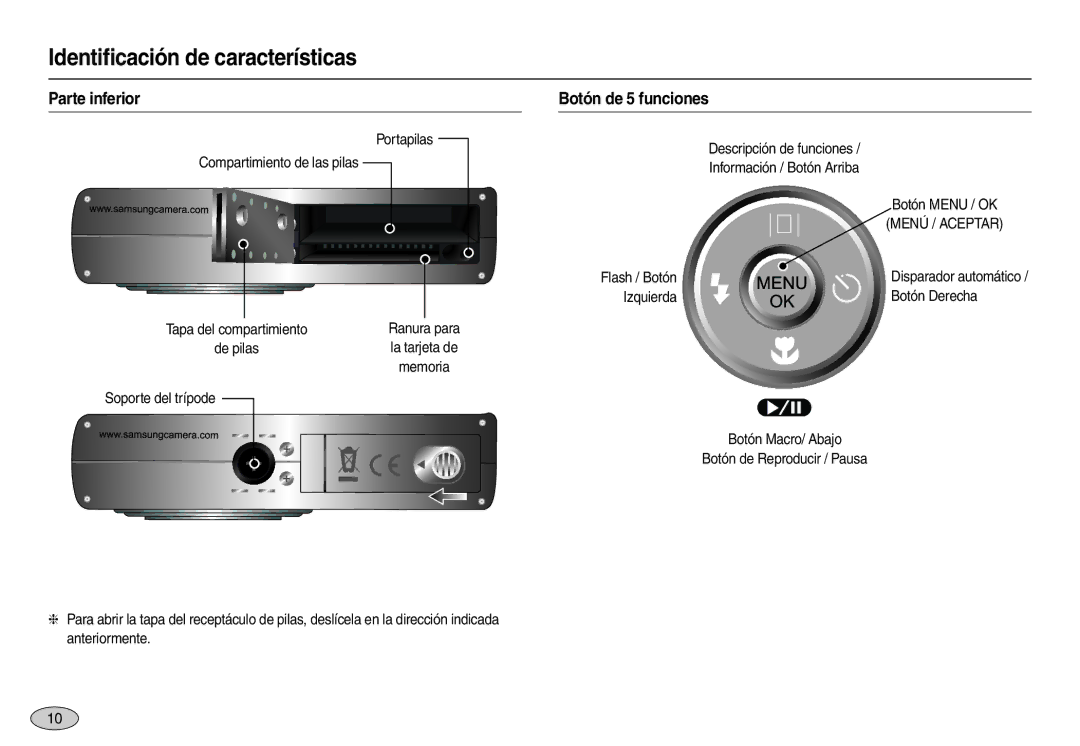 Samsung EC-M100ZRBA/E1 manual Parte inferior, Botón de 5 funciones, Portapilas Compartimiento de las pilas, Menú / Aceptar 