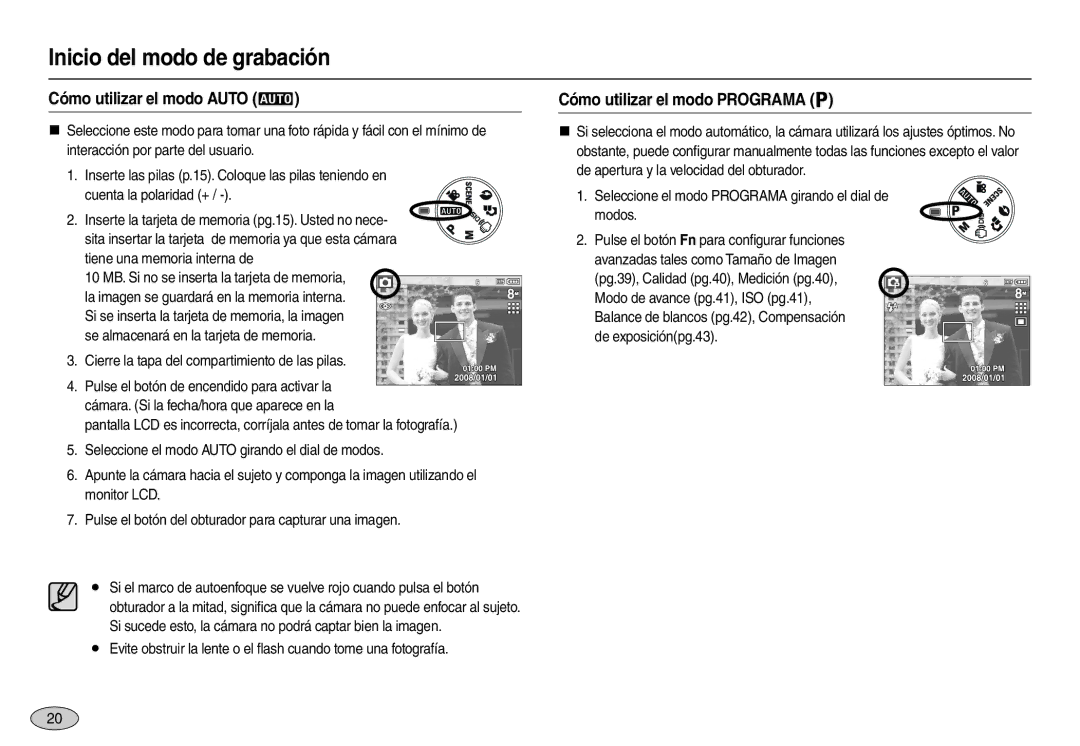 Samsung EC-M100ZBBA/E1 manual Inicio del modo de grabación, Cómo utilizar el modo Auto, Cómo utilizar el modo Programa 