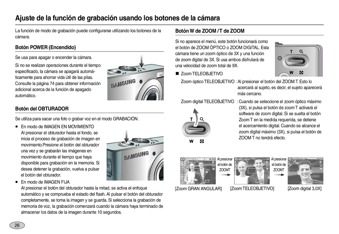 Samsung EC-M100ZRBA/E1, EC-M100ZSDB/E3 manual Botón Power Encendido, Botón del Obturador, Botón W de Zoom / T de Zoom 