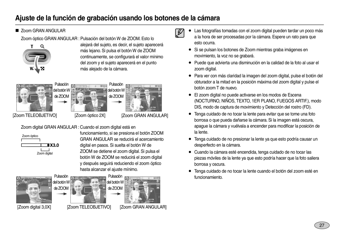 Samsung EC-M100ZBFE/E1 manual Zoom Teleobjetivo Zoom óptico, Zoom digital Gran Angular Cuando el zoom digital está en 