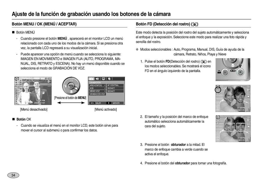 Samsung EC-M100ZRBA/E1 manual Botón Menu / OK Menú / Aceptar, Botón FD Detección del rostro , „ Botón Menú, „ Botón OK 