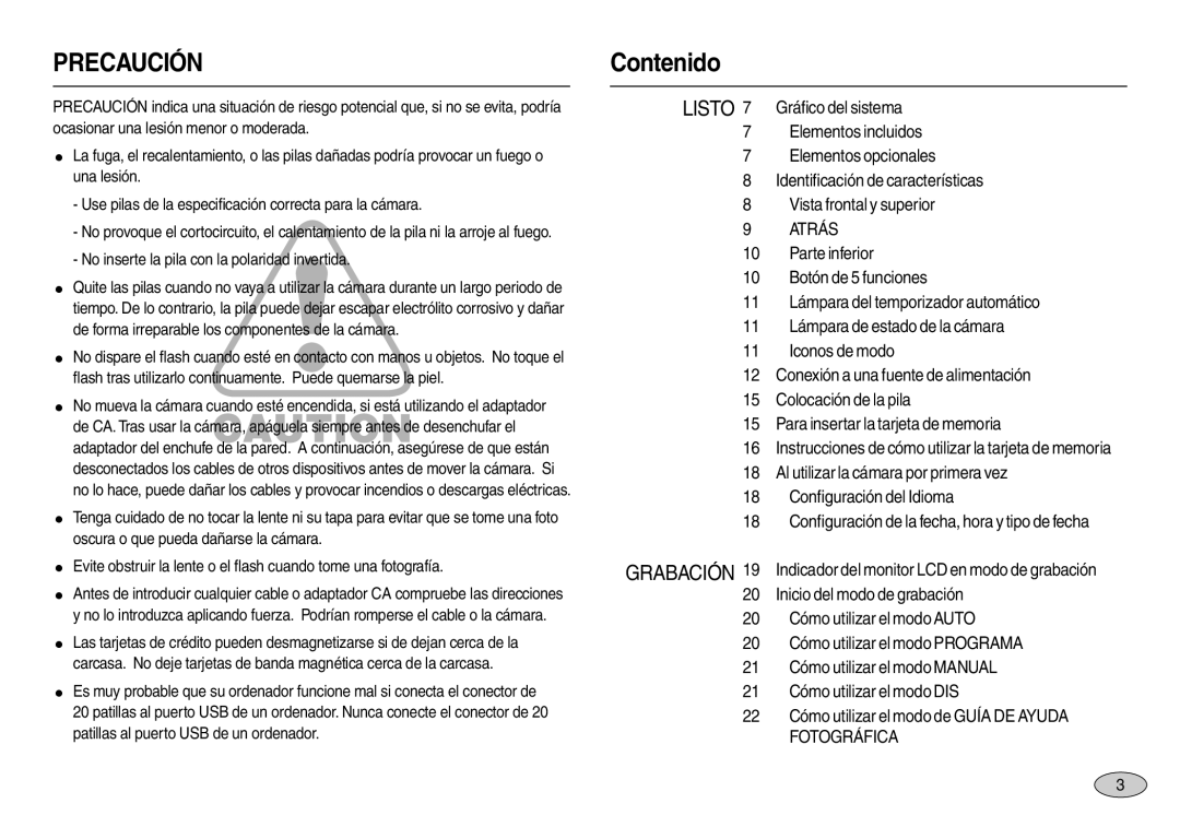 Samsung EC-M100ZBFE/E1, EC-M100ZSDB/E3, EC-M100ZSBF/E1 manual Contenido, No inserte la pila con la polaridad invertida 