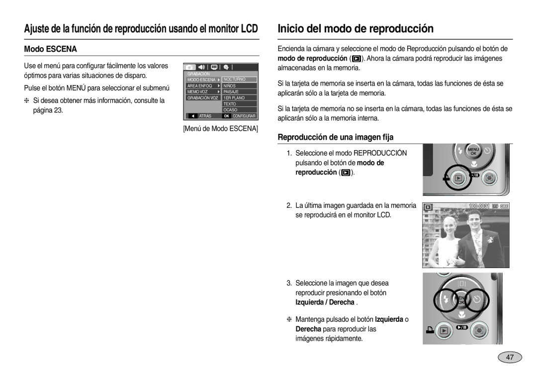 Samsung EC-M100ZSDB/E3, EC-M100ZSBF/E1 manual Inicio del modo de reproducción, Modo Escena, Reproducción de una imagen ﬁja 