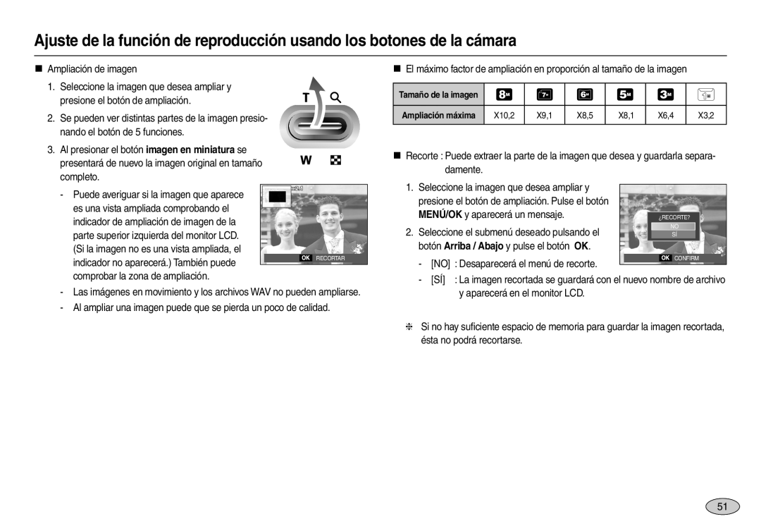 Samsung EC-M100ZBFE/E1, EC-M100ZSDB/E3, EC-M100ZSBF/E1 manual „ Ampliación de imagen, MENÚ/OK y aparecerá un mensaje 