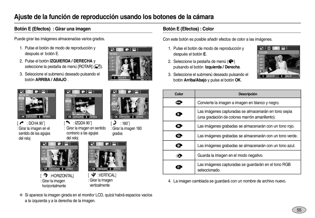 Samsung EC-M100ZSDB/E3 Botón E Efectos Girar una imagen Botón E Efectos Color, Dcha 90˚, 180˚ Girar la imagen 180 grados 