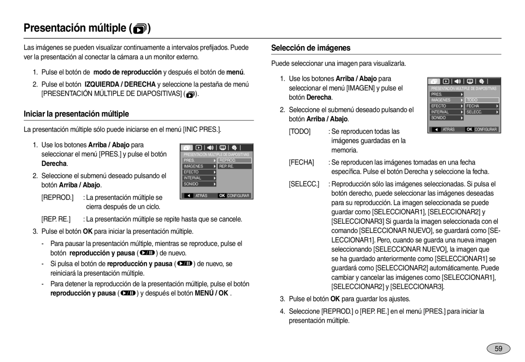 Samsung EC-M100ZBFE/E1 manual Presentación múltiple , Selección de imágenes, Iniciar la presentación múltiple, Derecha 