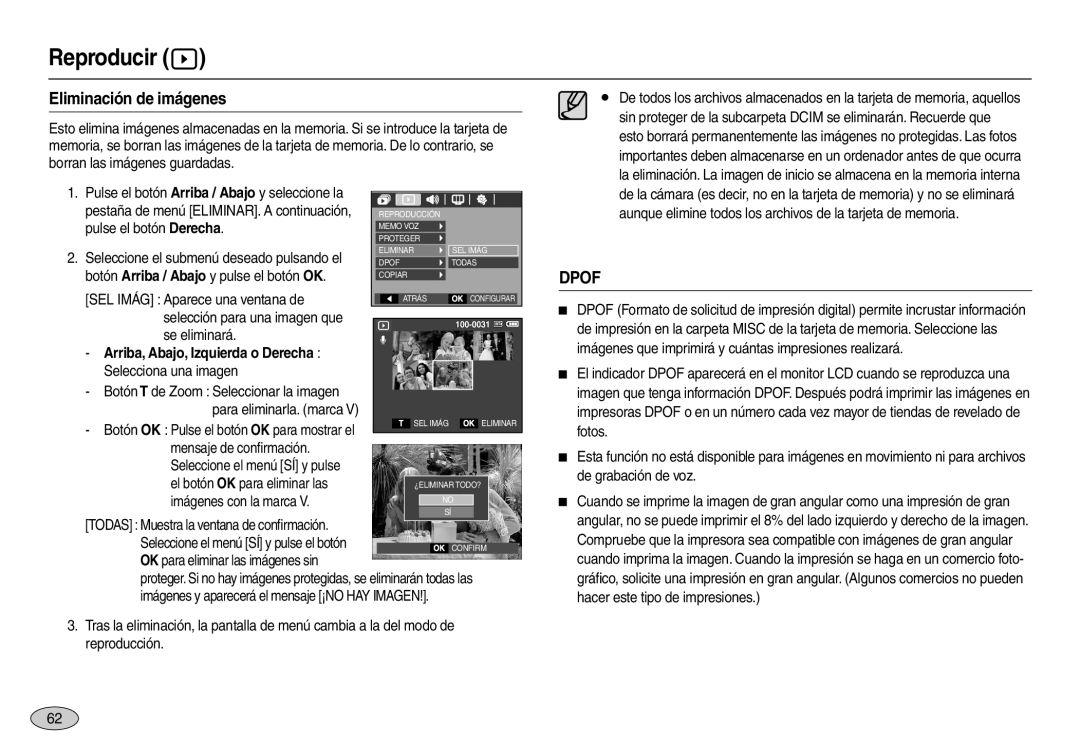 Samsung EC-M100ZSBC/AS, EC-M100ZSDB/E3, EC-M100ZSBF/E1, EC-M100ZSBE/E1, EC-M100ZRBA/E1 manual Eliminación de imágenes, Dpof 