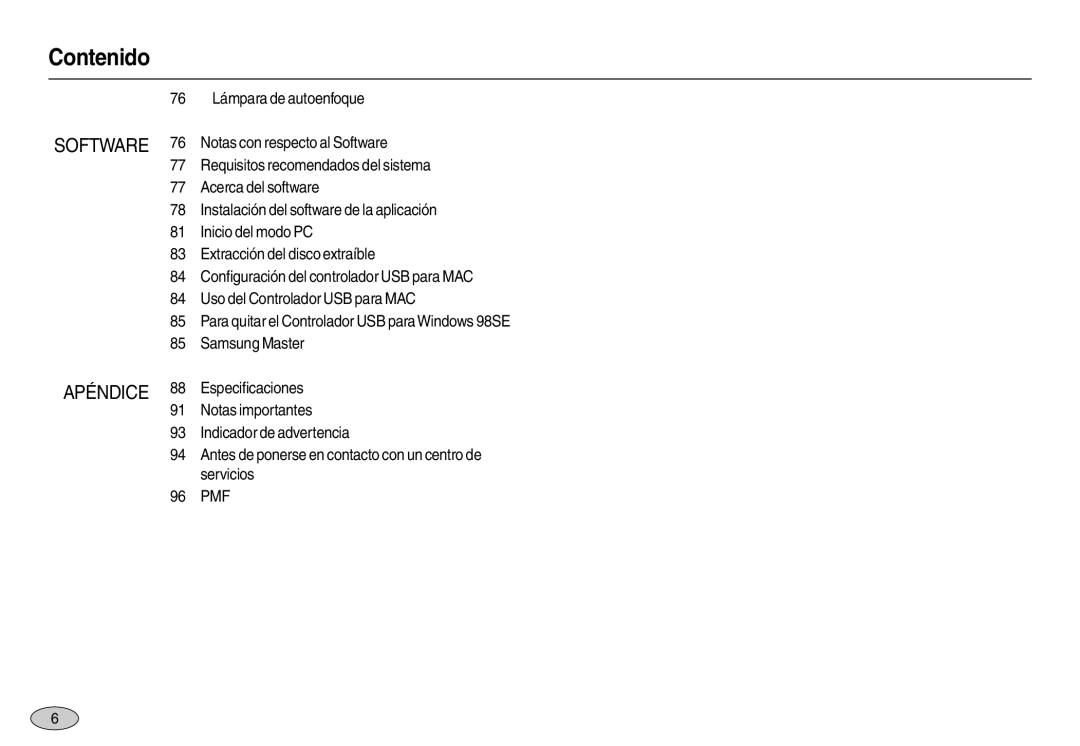 Samsung EC-M100ZSBC/AS, EC-M100ZSDB/E3, EC-M100ZSBF/E1, EC-M100ZSBE/E1 manual Apéndice 88 Especiﬁcaciones 91 Notas importantes 