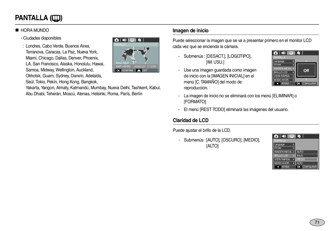 Samsung EC-M100ZSDB/E3 manual Imagen de inicio, Claridad de LCD, „ Hora Mundo, Terranova, Caracas, La Paz, Nueva York 