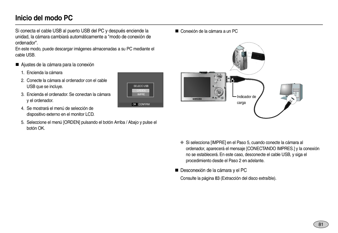 Samsung EC-M100ZSBE/E1, EC-M100ZSDB/E3 manual Inicio del modo PC, Consulte la página 83 Extracción del disco extraíble 