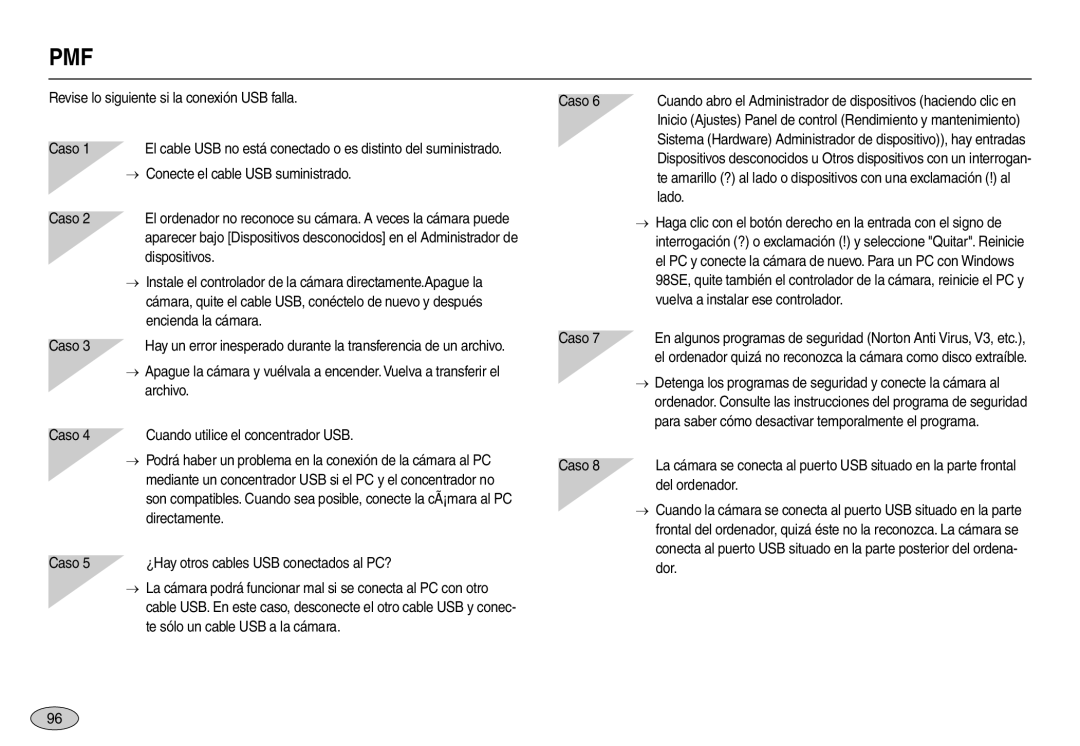 Samsung EC-M100ZSBF/E1 Revise lo siguiente si la conexión USB falla Caso, Conecte el cable USB suministrado, Dispositivos 